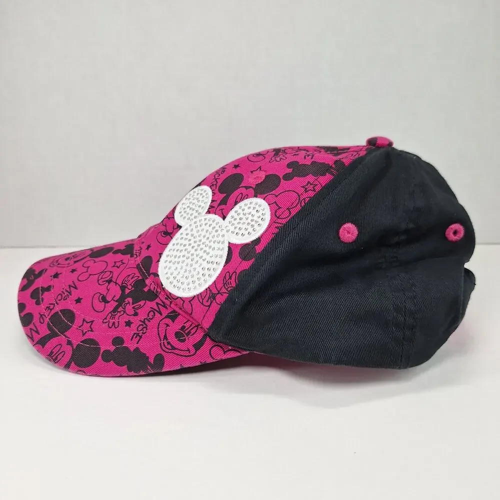 Disney Parks Mickey Mouse Youth Pink Black Rhinestone Adjustable Baseball Cap